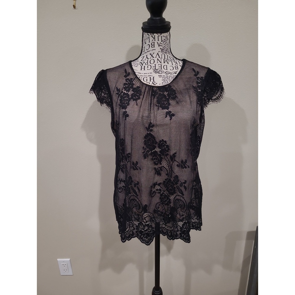 Lily White Whimsy Goth Black lace top dressy flutter sleeve Women SZ L (med)